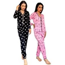 Kit 2 Conjuntos de Pijama Americano Feminino Gola V Calça e Blusa com Botões manga Comprida Inverno