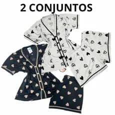 kit 2 Conjuntos Pijama Feminino Short Doll Gola V Americano Com Botões que abrem Amamentação Verão