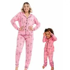 Kit Pijama Mãe e Filha Americano Calça e Blusa Manga Longa Com Botões de Frio 2 Conjuntos  de Malha