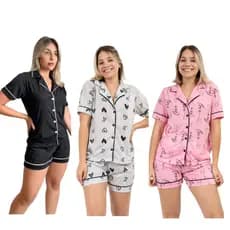 Kit 3 conjuntos Pijama americano Short doll Amamentação Com abertura de Botões Blogueira Malha Verão