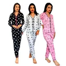 Kit 3 Conjuntos de Pijama Americano Feminino Gola V Calça e Blusa com Botões manga Comprida Inverno