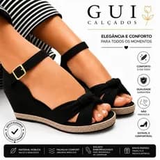 Anabela feminina sandália com fivela dourada casual preto sola corda plataforma médio