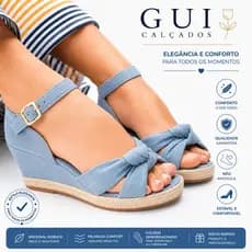 Sandália de salto jeans claro anabela feminina com fivela dourada plataforma médio