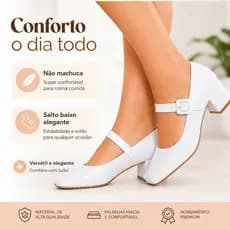 Sapato Feminino Salto Baixo Branco Verniz Confortável Elegante Bico Quadrado Trabalho Dia a Dia