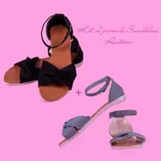 Sandália Feminina Rasteirinha Kit Dois Pares Preto Azul Detalhe em Nó Cruzado Leve Conforto
