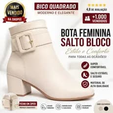 Bota Feminina Bico Quadrado Salto Bloco Confortável Cano Curto com Fivela e Zíper Casual