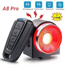 Luz De Travagem Da Lâmpada Traseira Bicicleta Alarme De Roubo Remoto De Chamada Sem Fio Carga USB Lanterna LED De Buzina A8 Pro