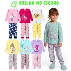 Kit 2, 6 ou 10 Peças Pijama Infantil Brilha no Escuro Menina Inverno Roupa Infantil Feminina