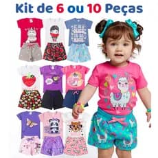 Kit de 6 ou 10 Peças Roupa Infantil Menina 5 Camisetas e 5 Shorts Conjunto Infantil Feminina Verão
