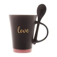 Caneca Cerâmica C/ Colher Love Preto Rosa Romântica 310ml Wolff