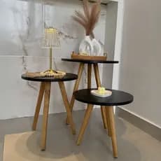 Kit Trio Jogo de Mesinhas Lateral Redondas Sala Pé Palito Retro Decoração
