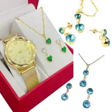 Relogio Feminino de Aço Dourado Luxo + Kit Colar + Brinco Promoção hoje