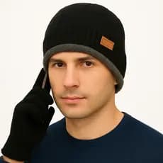 Kit Touca Gorro de Frio Lã Forrada + Luva Mexer Celular Tablet