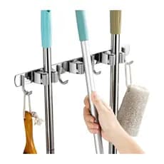 Suporte de Inox De Parede Para Vassouras Rodos pá  Utensílios de Limpeza C/ Ganchos Multifuncional