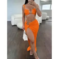 Conjunto Cropped alcinha com argola na frente e Saia longa com argola liso festas carnaval coloridos