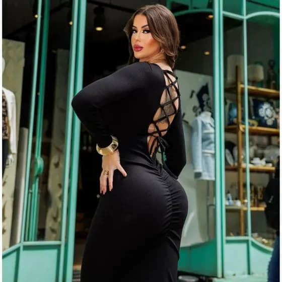 Vestido Tubinho Colado Manga Longa Chique Midy midy Longo Costas Trançadas Anarruga