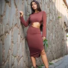 Vestido novo feminino midy abertura lateral manga longa com fenda lateral