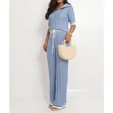 Conjunto Tricô Modal Feminino Calça Wide Leg e Blusa Polo Detalhes em Listras Aerolook