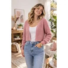 Cardigã Casaco Aberto Feminino de Tricô Mousse Manga Longa