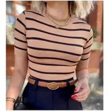 Blusa Feminina Tricô Modal Listrada Manga Curta Casual