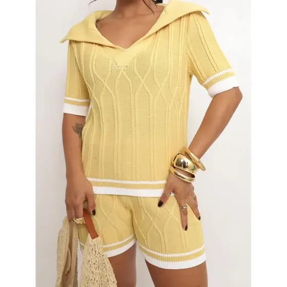 Conjunto Tricô Premium Blusa Polo + Shorts Moda Verão