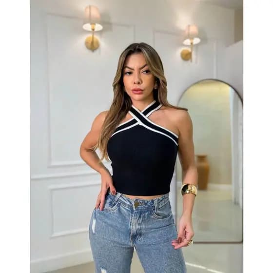 Cropped Trico Modal Feminino Com Listras Cruzado Moda Verão