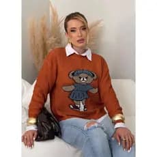 Blusa De Frio Tricô Ursinho Em Fio Mousse Suéter Manga Longa Inverno