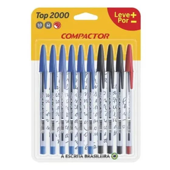 10 Canetas Esferográficas Top 2000 (6 azuis / 3 pretas / 1 vermelha) Ponta 1mm | COMPACTOR