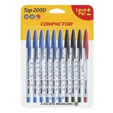 10 Canetas Esferográficas Top 2000 (6 azuis / 3 pretas / 1 vermelha) Ponta 1mm | COMPACTOR