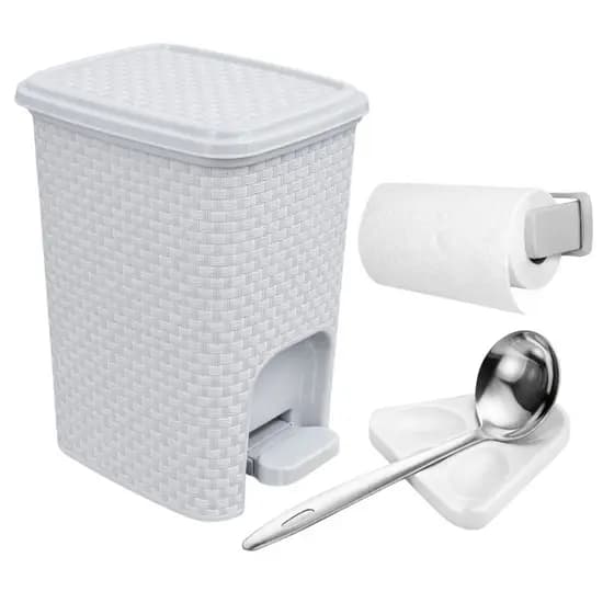 Lixeira 7L Pedal E Suporte Papel Toalha E Apoio Talher Cozinha Kit Cestinho Lixo Antiodor Toalheiro Cozinha Utensílio