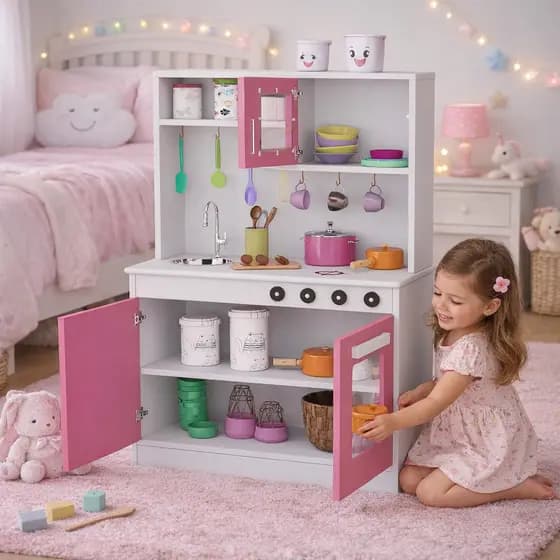 Cozinha Infantil Completa com Armário Pia e Portas Brinquedo Educativo Rosa para Meninas Estilo Real