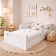 Cama Montessori Infantil Baixa Com Proteção Lateral E Colchão Branco Cama Infantil