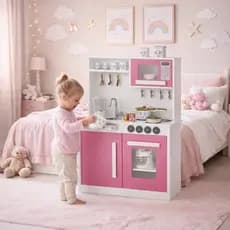 Cozinha Infantil Completa com Armários Portas Funcionais Mini Cozinha de Brinquedo Educativa Rosa