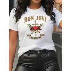 Camiseta Baby look  Esportiva Feminina, Gola Redonda, BON JOVI LOVE, Vibes, Amante de Música, Look