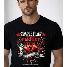 Camiseta unissex de algodão, manga curta, gola redonda,com estampa gráfica Simple Plan Perfect.