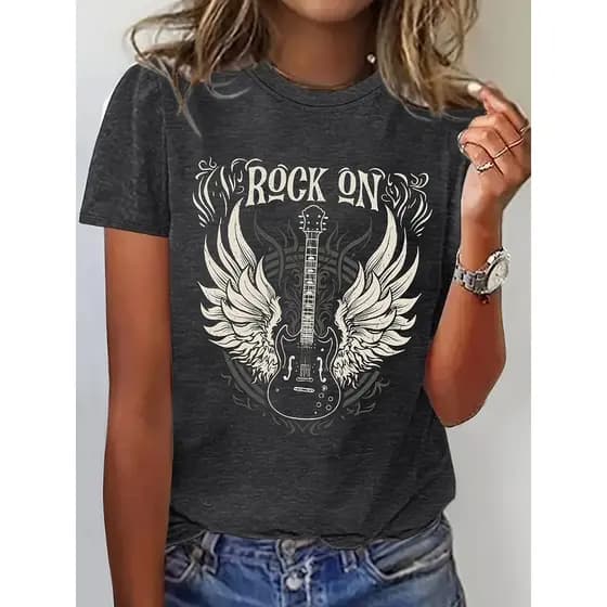 Camiseta gráfica "Rock On" com asas de anjo e design de guitarra - Decote redondo casual