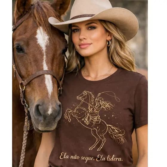 Camiseta Baby look T-shirts Country Feminina Blusa Cavalo preta Promoção "Ela Lidera"