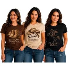Kit 3 camisetas unissex Feminina Country Cowgirl Boiadeira Blusa Algodão 30.1 Festa Peão Cavalgada