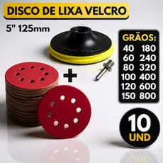 Kit Base Suporte Disco 125mm + 10 Lixas 8 Furos Com Velcro 5" Furadeira Esmerilhadeira