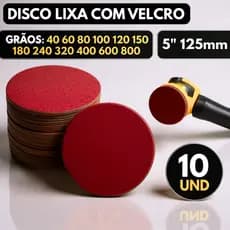Disco de Lixa Velcro Circular 125mm 10 Unidades Sem Furos Lixadeira Roto Orbital para Ferro Metal Madeira e Massa