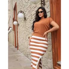Conjunto 2 peças saia midi fenda elegante listrado blogueira casual luxo verão moda feminina tricot