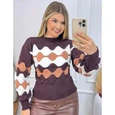 Blusa Feminina Tricot Manga Longa Bufante Suéter Ondulado Moda Outono/Inverno Tricô