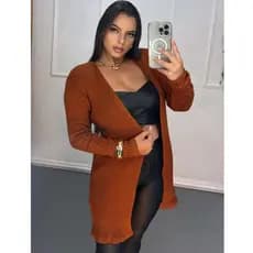 Cardigan Canelado Feminino Manga Longa Liso Super Tendência Tricot Moda promoção