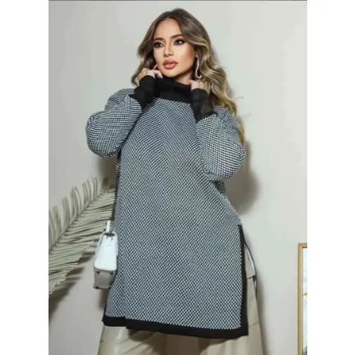 Poncho Feminino capa Tricô Manga Longa Xadrez Fenda Laterial Chique Inverno Frio Gola Alta Oversized