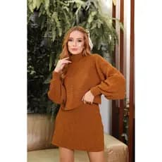Conjunto Feminino 2 Peças Tricot Mousse saia curta Blusa gola alta morcego Oversinzed Tricôt