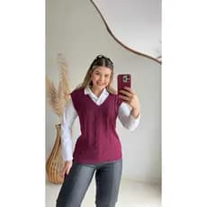 Colete suéter feminino tricô básico decote v inverno tendência lançamento inverno CCM tricot