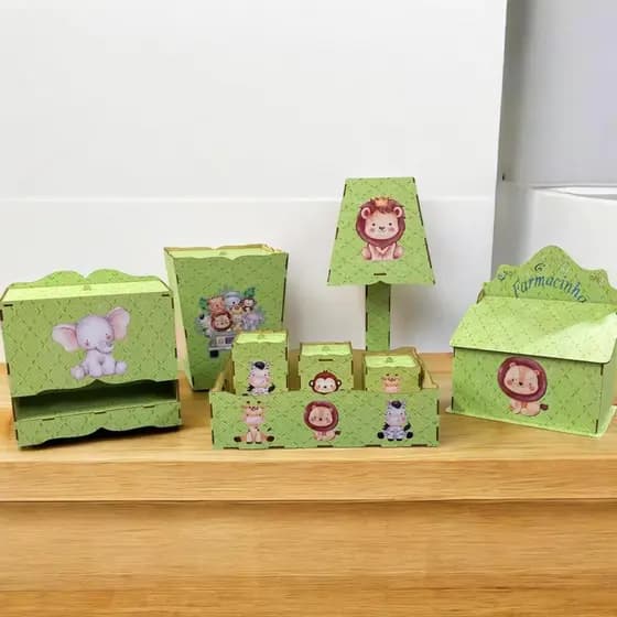 Kit Higiene Bebê Adesivado Decorado Mdf 8 Peças