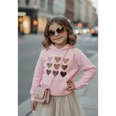 Moletom Com Capuz Infantil Menina Tres Coração Outono/Inverno Bege Flanelado 02 ao 14 Envio Imediato