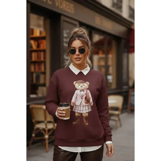 Moletom Feminino Polo Bear De Saia Urso Flanelado Algodão Premium Inverno 2026 Casual Blogueira Tendência
