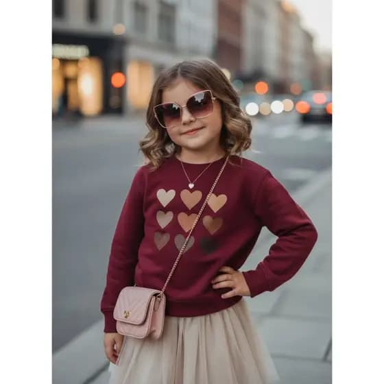 Moletom Sem Capuz Infantil Menina Tres Coração Outono/Inverno Bege Flanelado 02 ao 14 Envio Imediato